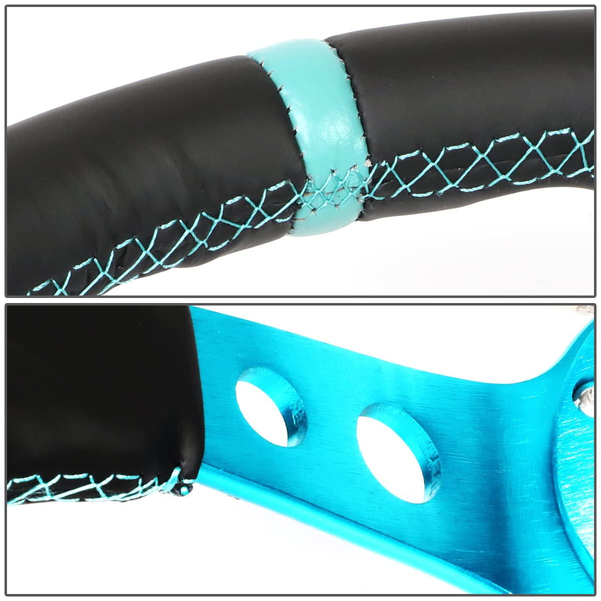 NRG Innovations Reinforced NRG-RST-006TL Steering Wheel 350mm Sport Steering Wheel (3" Deep), Black Leather Teal Center Mark with Teal Stitching and Teal Center Spoke