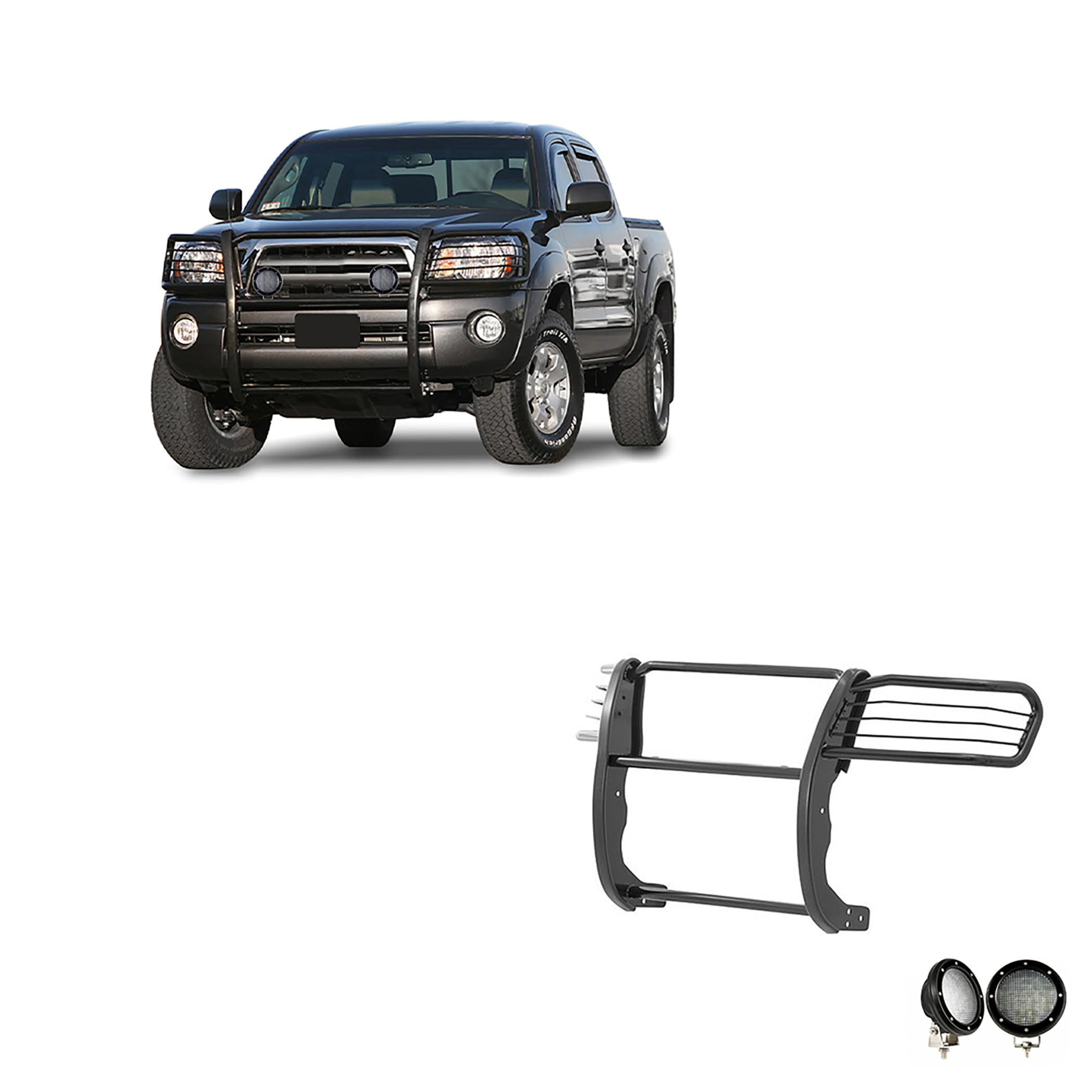 Grille Brush Black Horse Bumper Guard Modular Black Come with Pair of 5.3" Dia.LED Lights with Black Trim Rings Compatible with 2005-2015 Toyota Tacoma-17A096400MA-PLFB