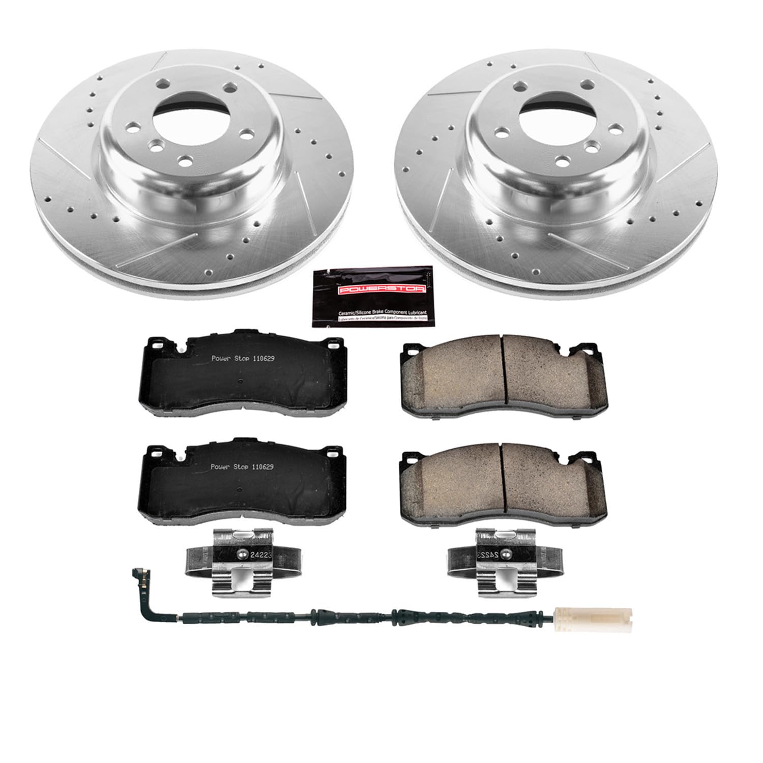 Power Stop K5685 Front Brake Pads Z23 Carbon Fiber with Drilled & Slotted Brake Rotors Kit and 1 Front Sensor Wire For BMW 135i 2008-2010 [Model Specific]