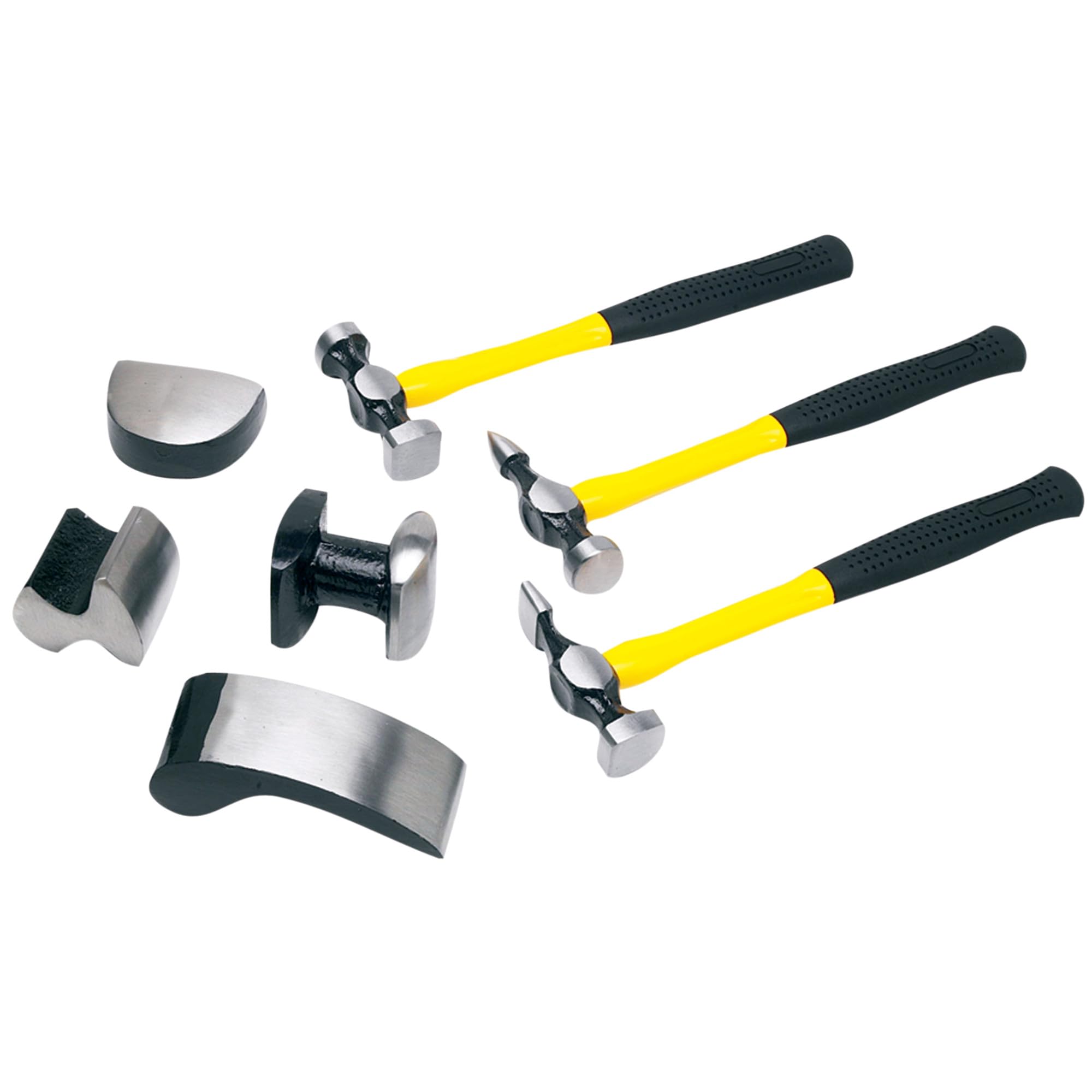 M7007 Performance Tool Auto Body Repair Kit with Hammers on Fiberglass Handles and Dollies in Tool Case, Yellow and Black (7-Piece)