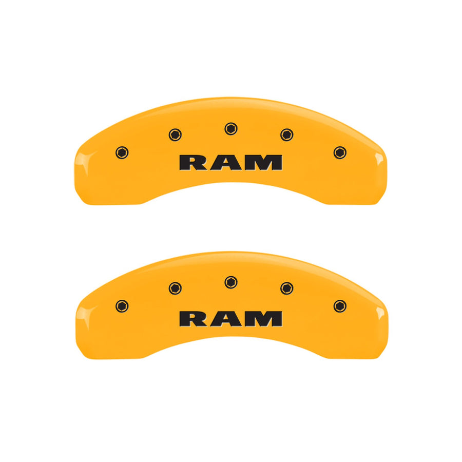 MGP Caliper Covers Compatible with 2011-2018 RAM 1500, 1500 Classic 2019-2024, 2013-23' 1500 Eco Diesel (Fits 18"+ Wheels) Powder-Coated Finish, 4 PCS Front and Rear (Yellow - RAM Engraving)