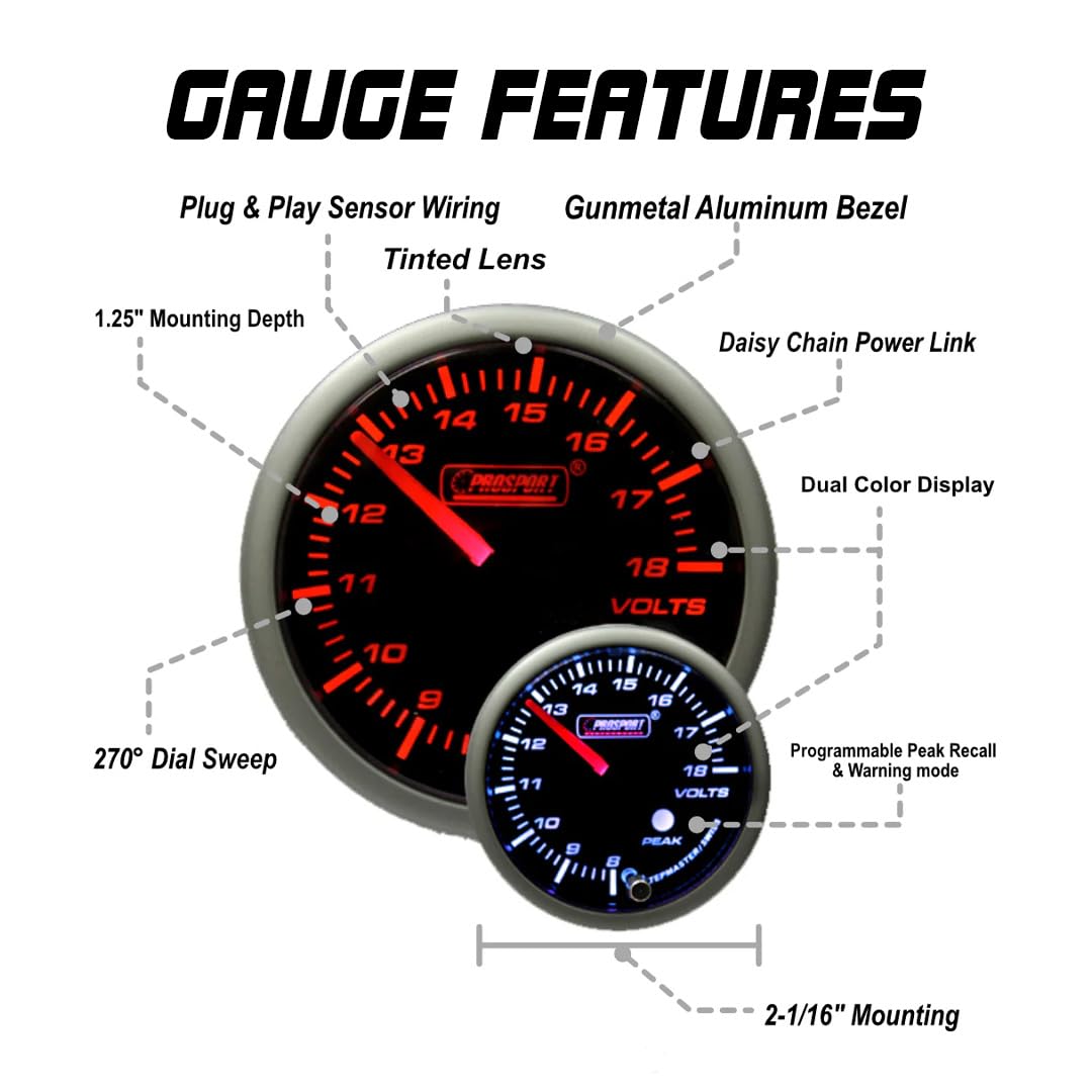 Electrical Volt Gauge- Amber/White Premium Series 52mm (2 1/16") Peak Recall and Warning