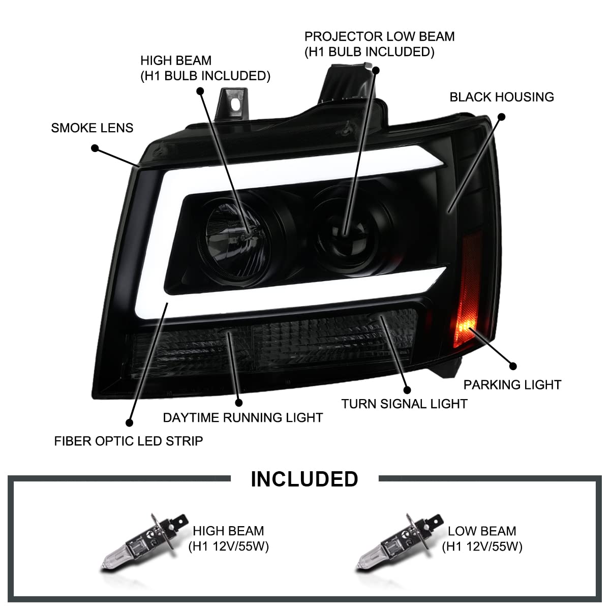 Black Smoke LED Light Bar Projector Headlights SPEC-D TUNING Compatible with 2007-2014 Chevy Avalanche, Tahoe, Suburban, Left + Right Pair Headlamps Assembly