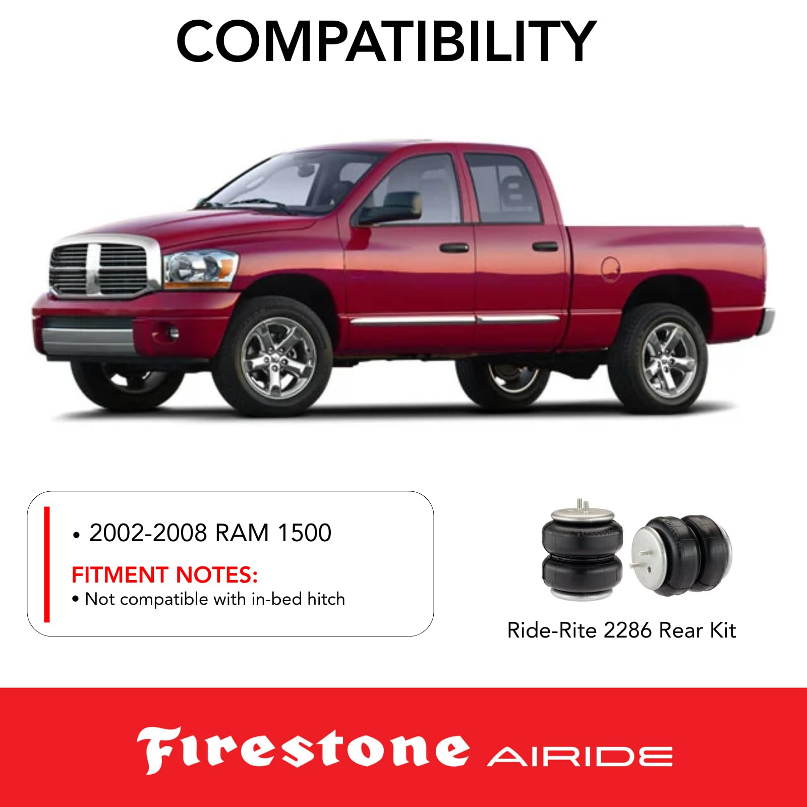 Firestone 2286 Ride-Rite Airide Rear Springs Kit fits 2002-2008 Ram 1500 | 5-100 PSI | No Drill Installation | Load Capacity of 5,000 Pounds | Enhances Brake Effectiveness
