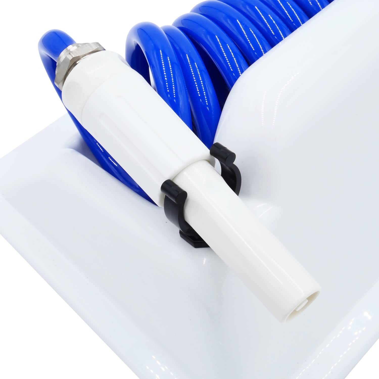 T-H Marine Coiled Hose Washdown System - 25' Wash Down Hose, Nozzle, Holder, 5' Supply Hose, and Brass Fittings - Kink Free Design and Compact Storage - Blue