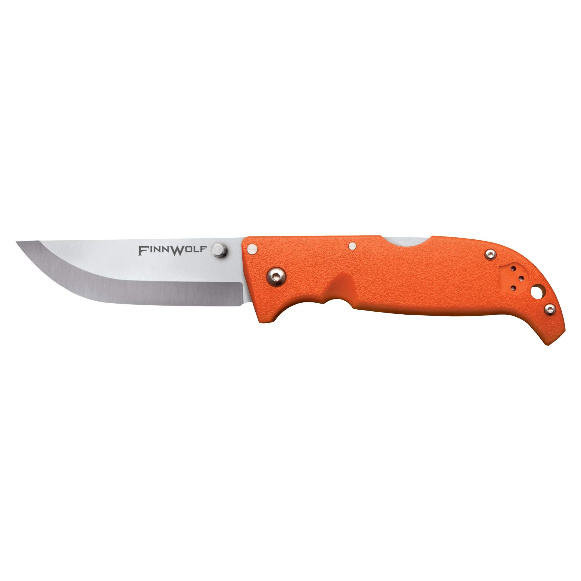 Cold Steel 3.5in Finn Wolf AUS8A Razor-Sharp Straight Back Blade 4.375in Griv-Ex Blaze Orange Handle Hunting Folding Knife, Boxed