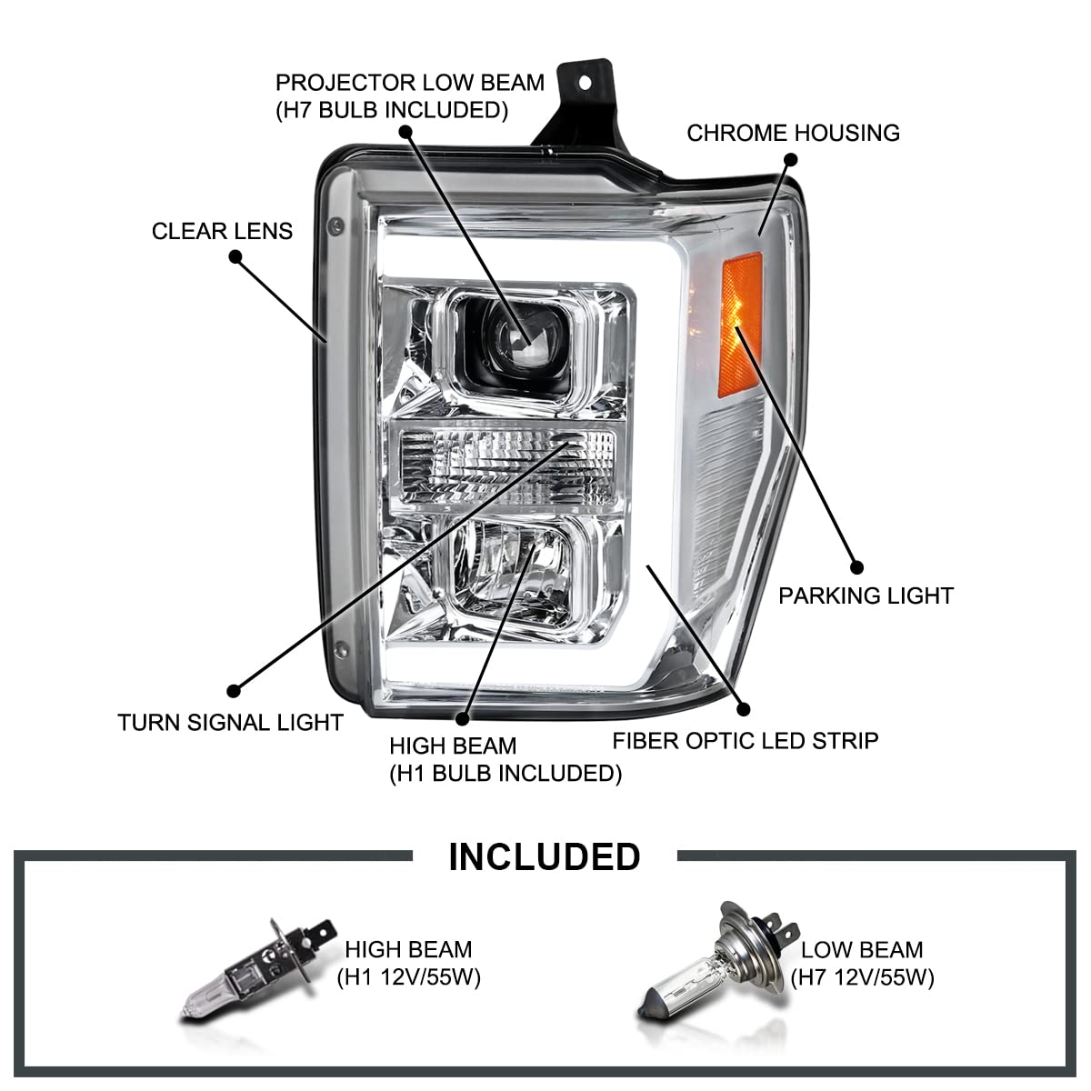 Chrome Projector Headlights w/LED Bar SPEC-D TUNING Compatible with 2008-2010 Ford F-250, F-350, F-450, F-550 Super Duty, Left + Right Pair Headlamps Assembly