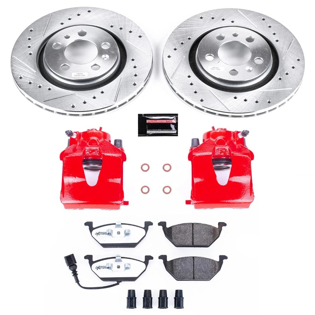 Power Stop Z26 KC839-26, Street Warrior Front Caliper Kit-Drilled/Slotted Rotors, Brake Pads, Calipers For VW Beetle, VW Golf, VW Jetta [Model Specific]