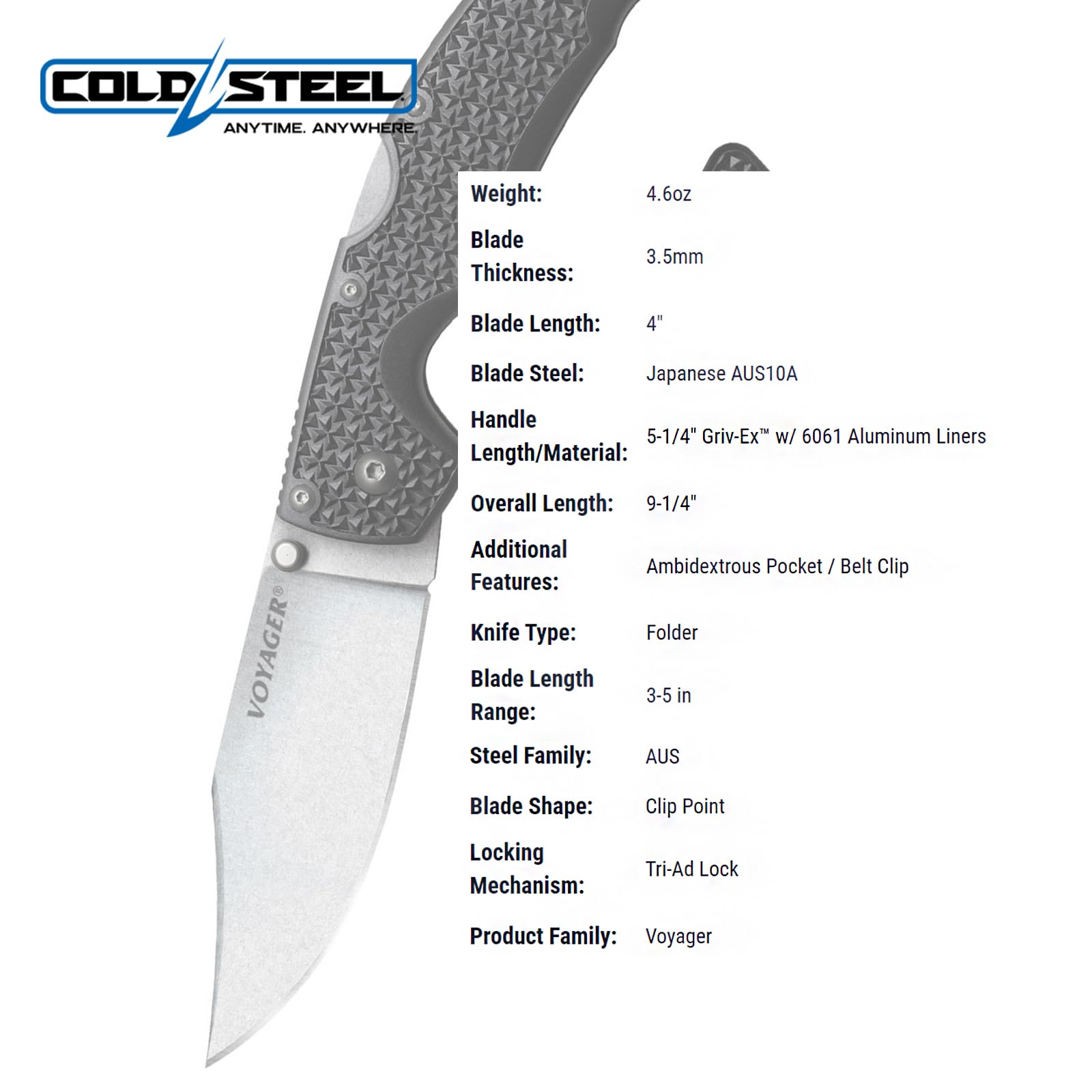 Cold Steel Large Voyager 4" AUS10A Clip Point Razor-Sharp Blade 5.25" Griv-Ex Handle Everyday Carry Tactical Folding Knife, Boxed