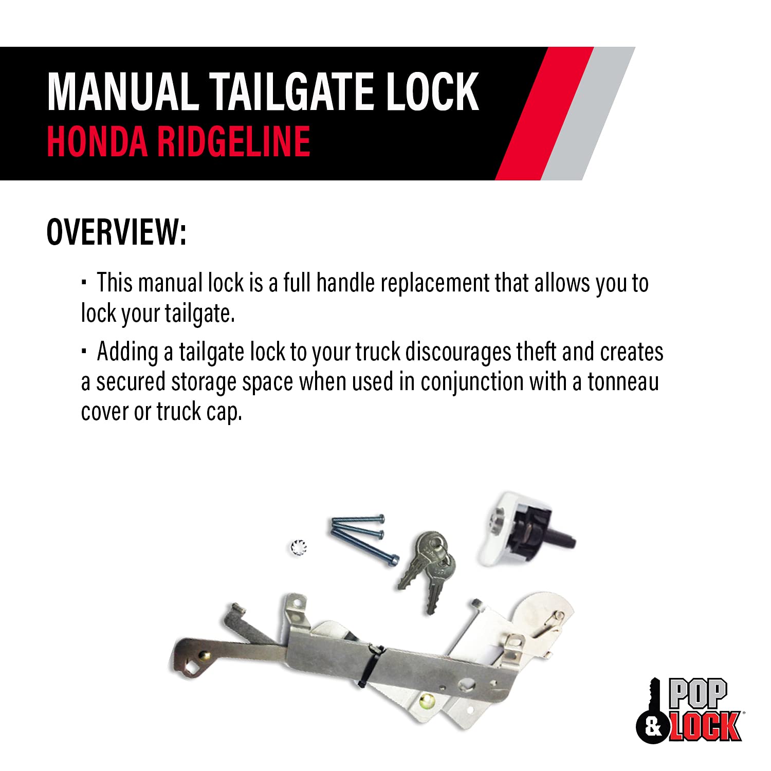 Manual Tailgate Lock for Honda Ridgeline – Pop & Lock, Fits 2005 to 2016 (Silver, PL6102, Traditional Design)