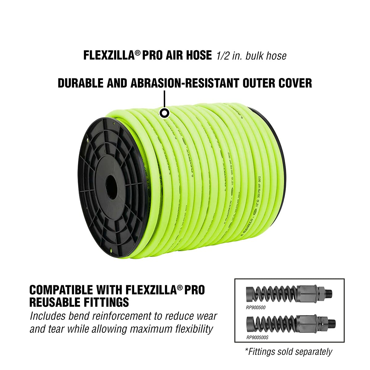 Bulk Plastic Spool Flexzilla Pro Air Hose, 1/2 in. x 250 ft, Heavy Duty, Lightweight, Hybrid, ZillaGreen - HFZ12250YW