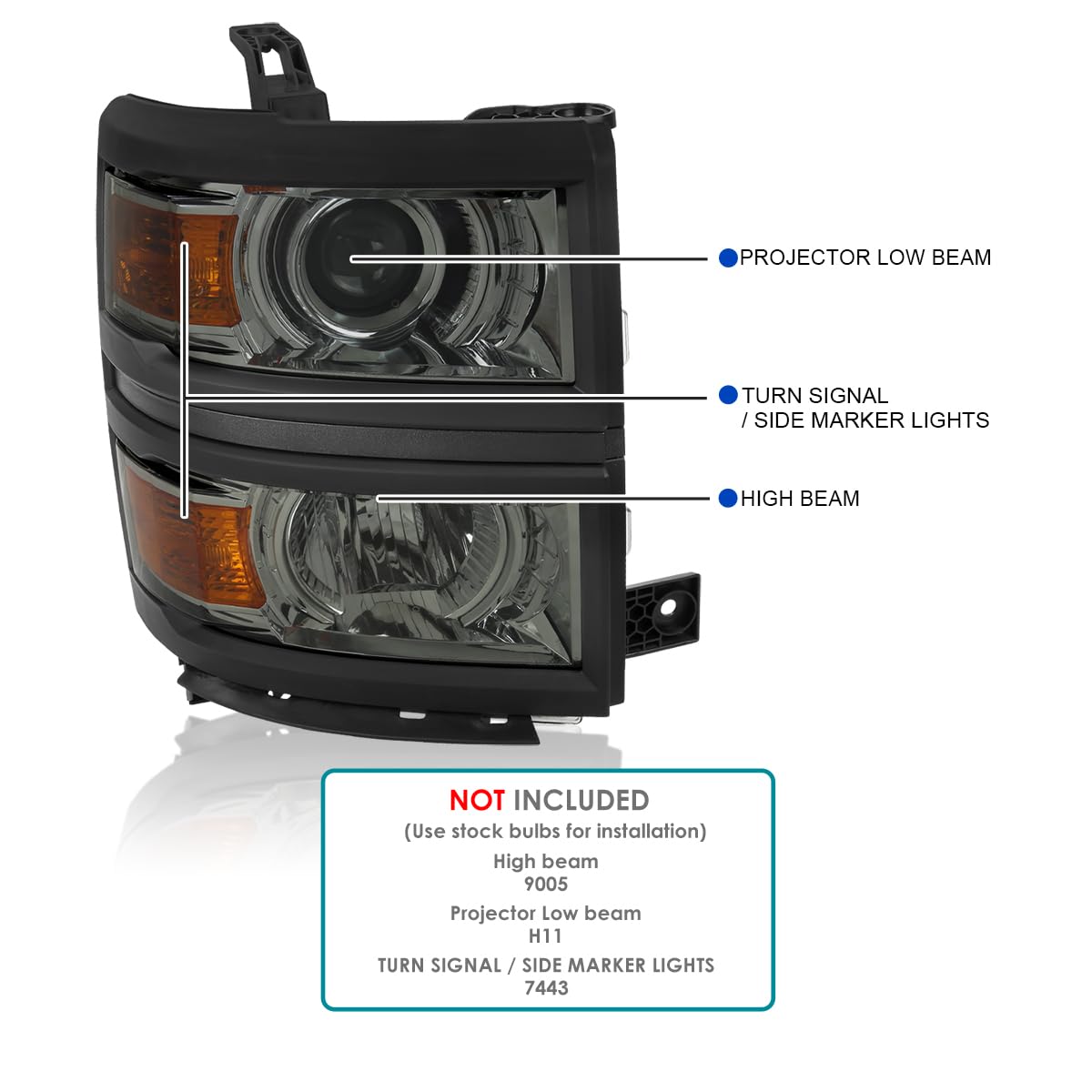 Light Smoke SPEC-D TUNING Projector Headlights w/Black Trim Compatible with 2014-2015 Chevy Silverado 1500, Left + Right Pair Headlamps Assembly
