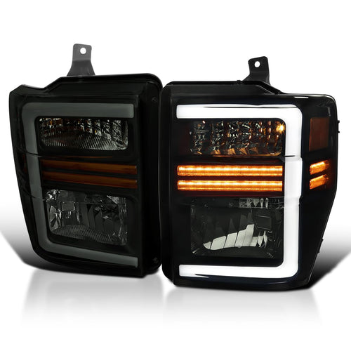Black Smoke SPEC-D TUNING Factory Style Headlights with Sequential LED Turn Signal Compatible with 2008-2010 Ford F-250, F-350, F-450, F-550 Super Duty, Left + Right Pair Headlamps Assembly