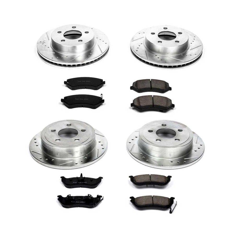Power Stop K2162 Z23 Carbon Fiber Brake Pads Front and Rear with Drilled and Slotted Brake Rotors Kit For 2003 2004 2005 2006 2007 Jeep Liberty
