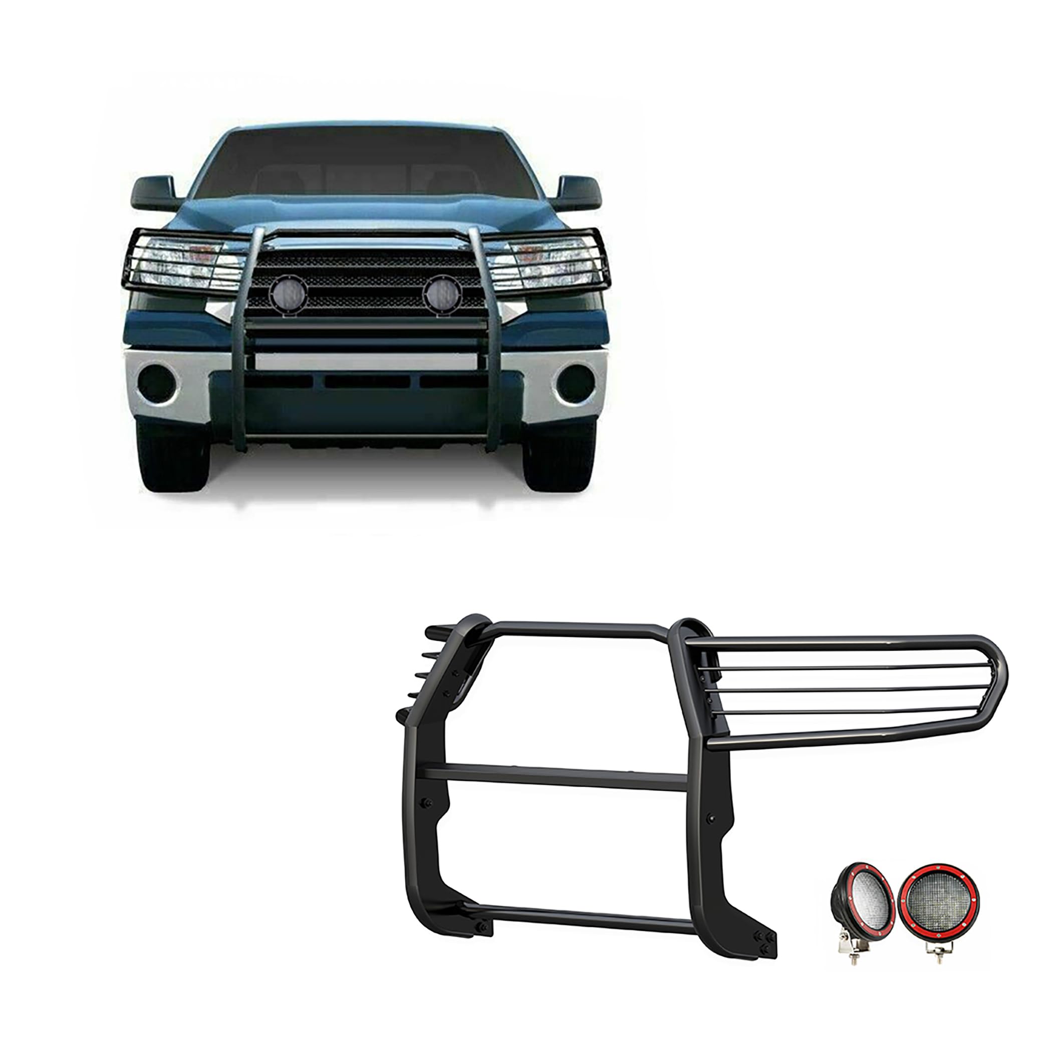 Bumper Guard Black Horse Grille Brush Modular Come with Pair of 5.3" Dia.LED Lights with Red Trim Rings Compatible with 08-22 Sequoia|07-21 Tundra(Excl. 08-21 Platinum/LTd)-17A098900MA-PLFR