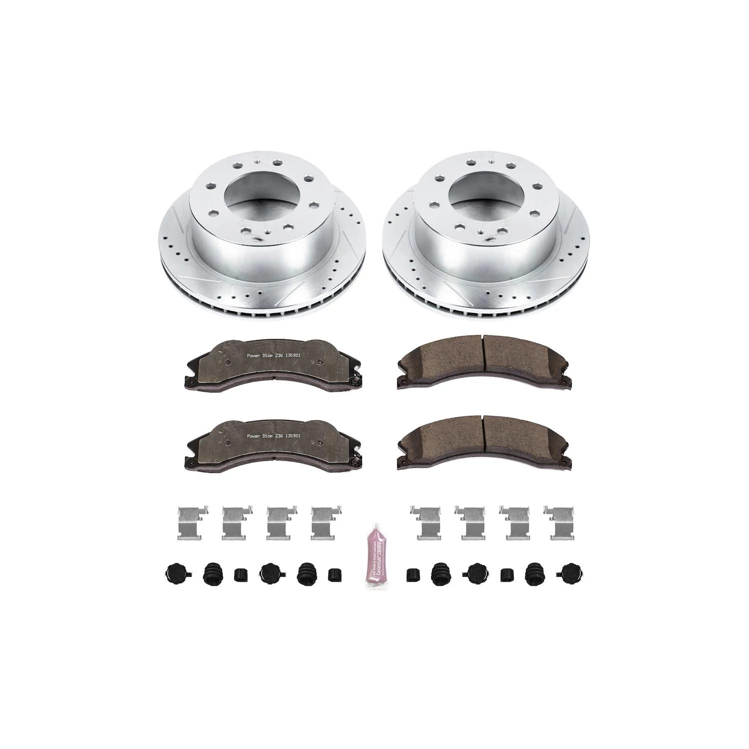 Rear Brake Kit Power Stop For 2011 2012 2013 2014 Chevrolet Silverado 2500 HD - Truck & Tow Carbon Fiber Ceramic Brake Pads & Drilled and Slotted Rotors Replacement, K5563-36