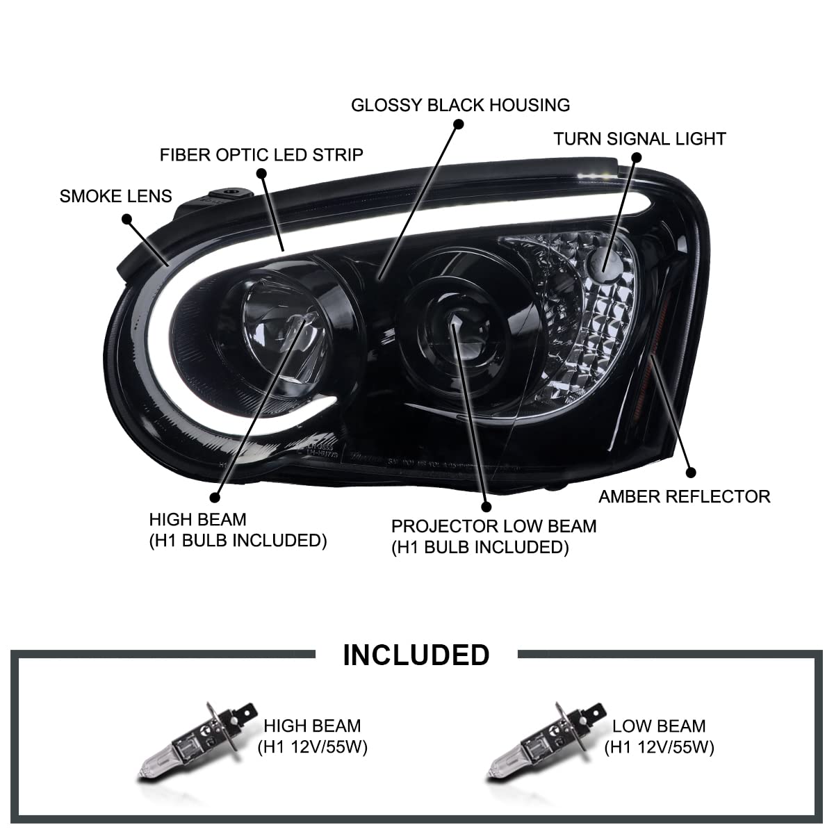 Glossy Black Smoke SPEC-D TUNING Projector Headlights w/LED Light Bar Compatible with 2004-2005 Subaru Impreza RS/WRX/Outback/STI, Left + Right Pair Headlamps Assembly