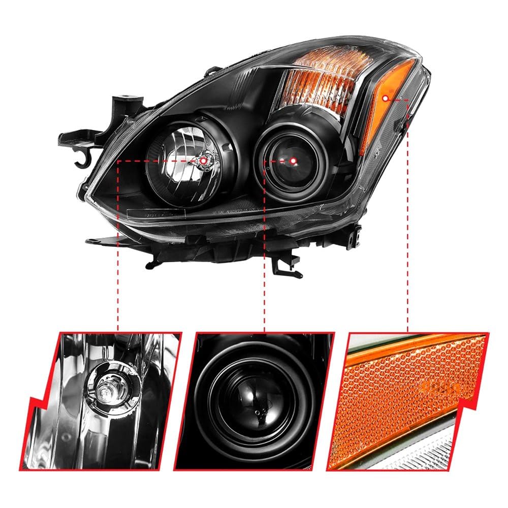 Black ANZO Compatible Replacement Projector Headlight (Halogen Type) for Nissan Altima 2010-2013