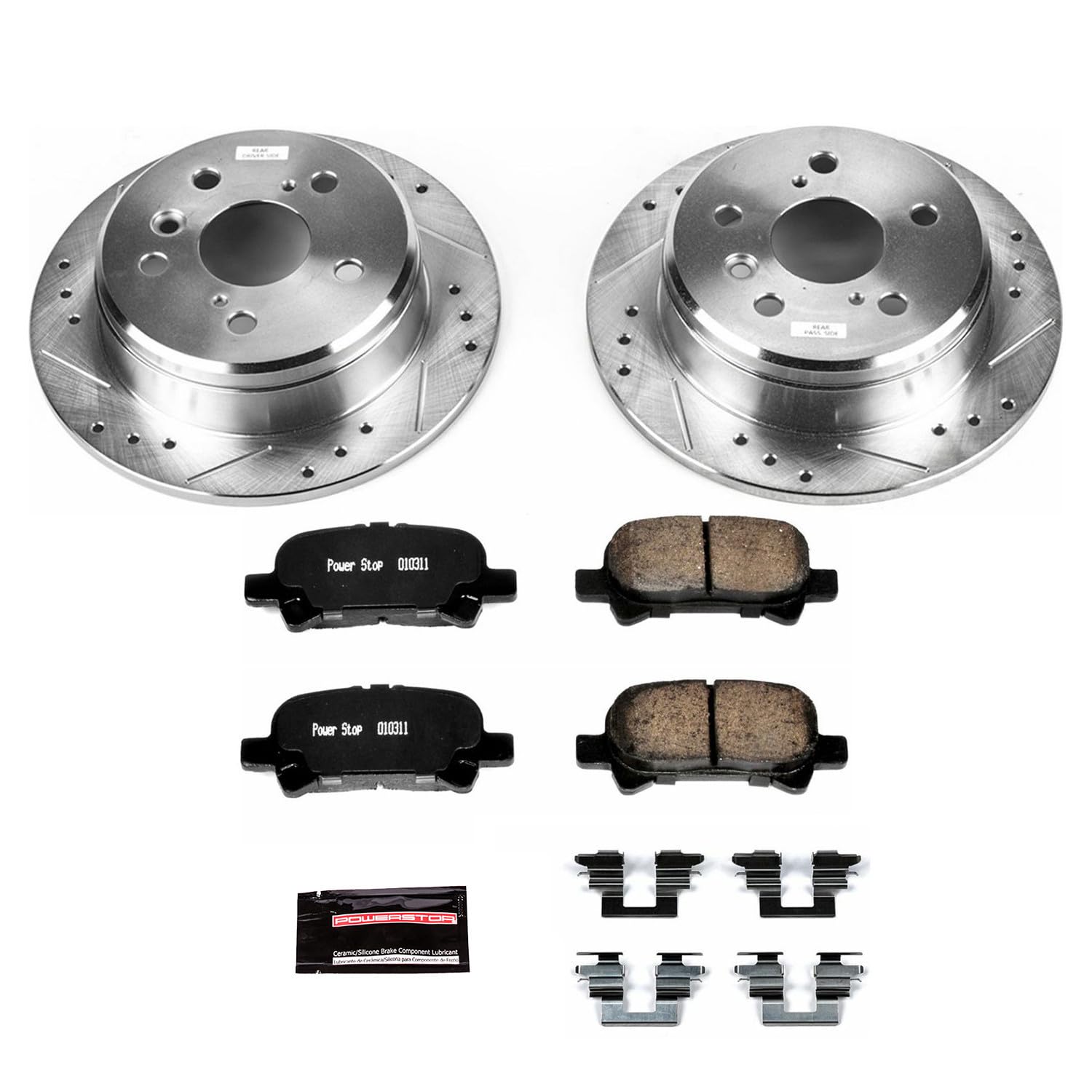 Power Stop K1083 Z23 Carbon Fiber Brake Pads Rear with Drilled & Slotted Brake Rotors Kit For Toyota Camry 2000-2001, Toyota Solara 1999-2003 [Model Specific]