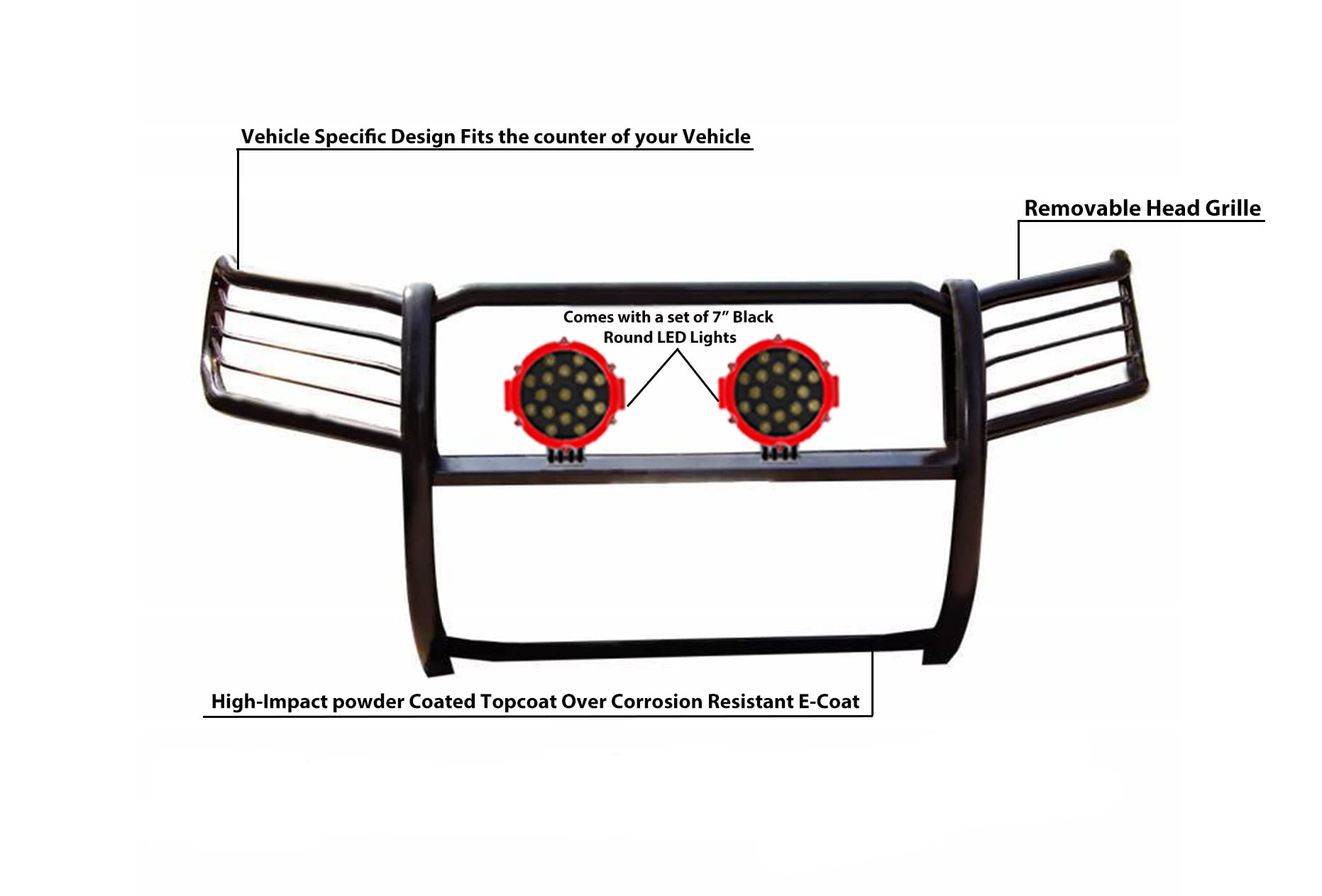 Bumper Guard Modular Black Black Horse Grille brush Come With pair of 7.0"Dia.LED Lights with Red Trim Rings Compatible with 2011-2015 Ford Explorer-17FJ28MA-PLR