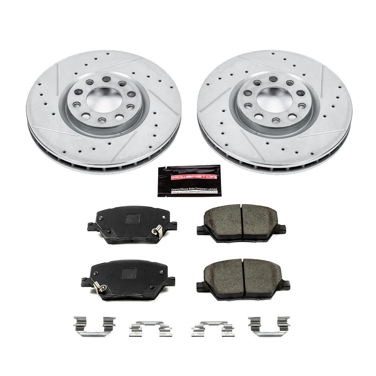 Power Stop K7299 Z23 Carbon Fiber Brake Pads Front with Drilled & Slotted Brake Rotors Kit For Fiat 500X 2016-2021, Jeep Compass 2017-2022, Jeep Renegade 2015-2022 [Model Specific]