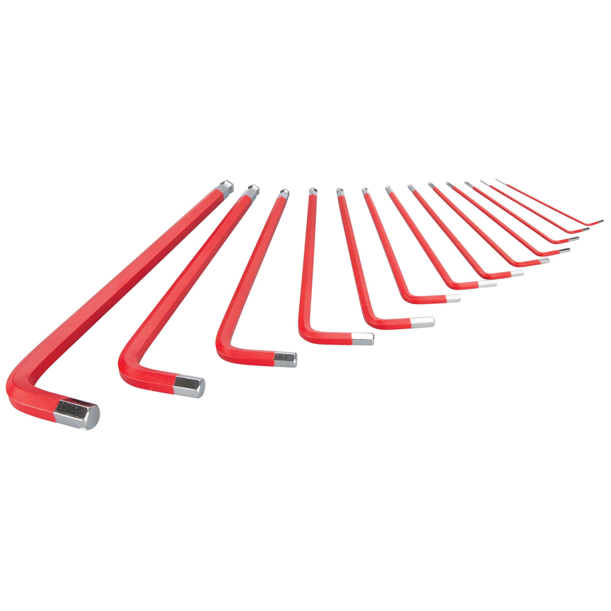 W80202 Performance Tool 13 Pc. SAE Long Arm Hex Key Set - Ball End for Angled Use, Powder-Coated, Storage Rail, Laser-Etched, Red