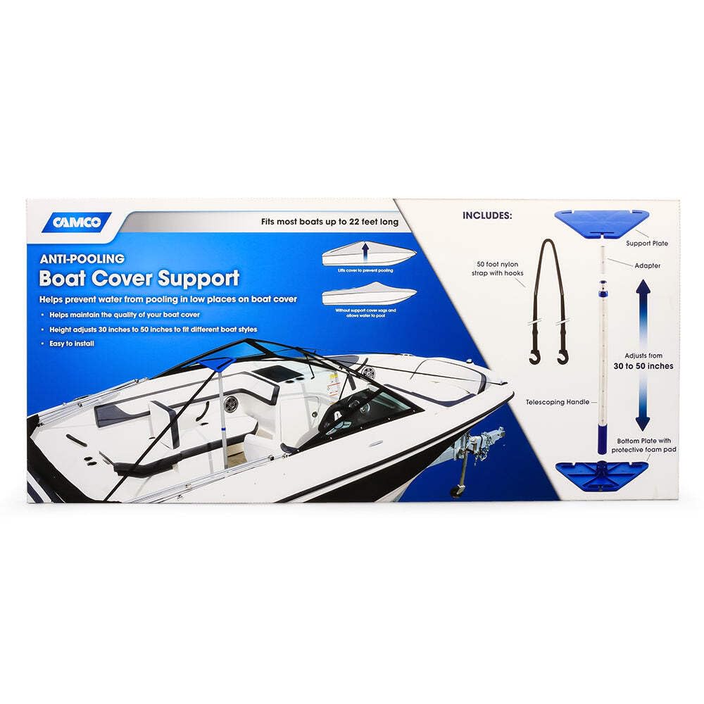 Boat Cover Support Kit Camco - Fits Boats Up to 22ft Long - Includes Adjustable Boat Cover Support Poles, Support Plates, 50ft Nylon Strap & Boat Hook - Adjust Height from 30 to 50in (41970)