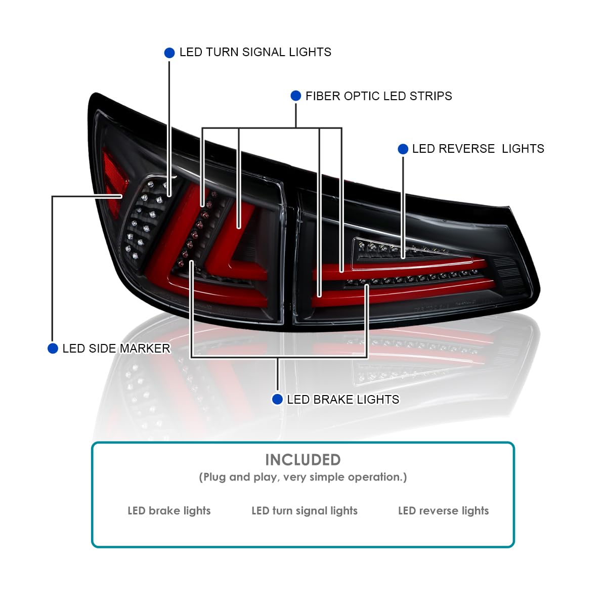 Black Tail Lights w/Red LED Bar SPEC-D TUNING Compatible with 2006-2008 Lexus IS250 IS350, Left + Right Pair Assembly