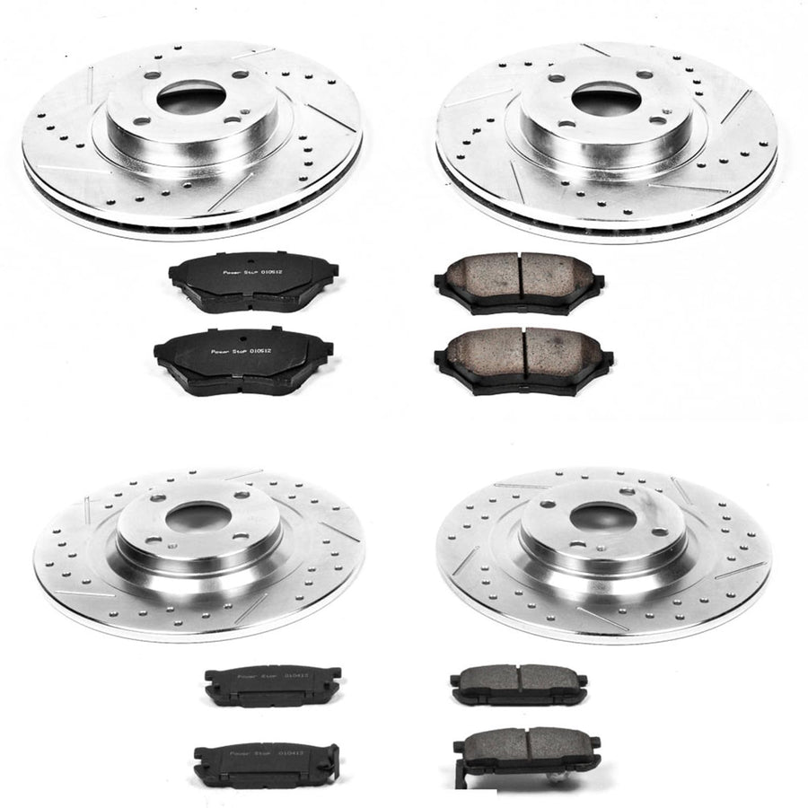 Power Stop K4468 Z23 Carbon Fiber Brake Pads Front and Rear with Drilled & Slotted Brake Rotors Kit For Mazda Miata 2001-2005 [Model Specific]