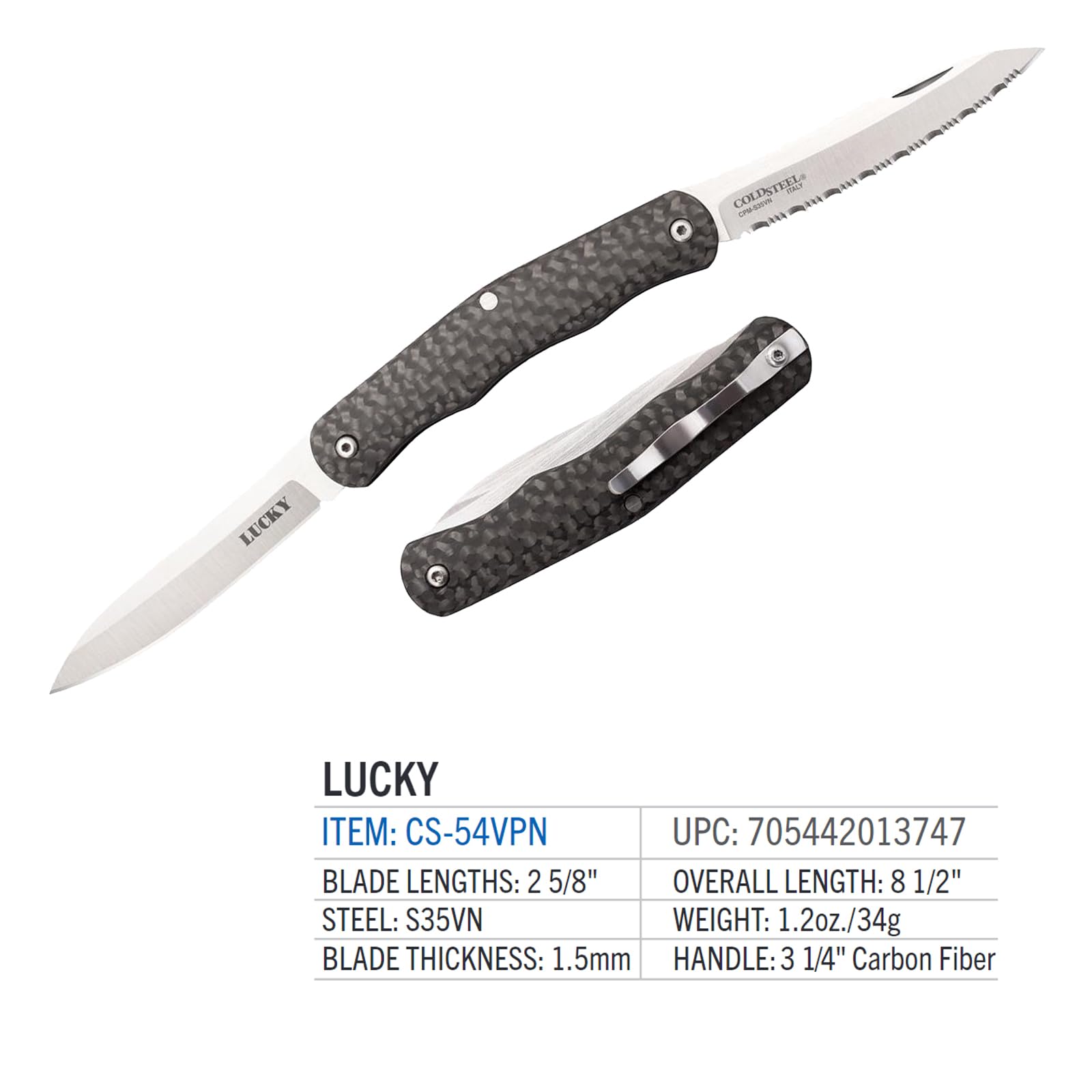 Lucky COLD STEEL Twin 2.625" S35VN Blades 3.25" Carbon Fiber Handle Everyday Carry Compact Pocket Folding Knife w/Slip Joint Lock
