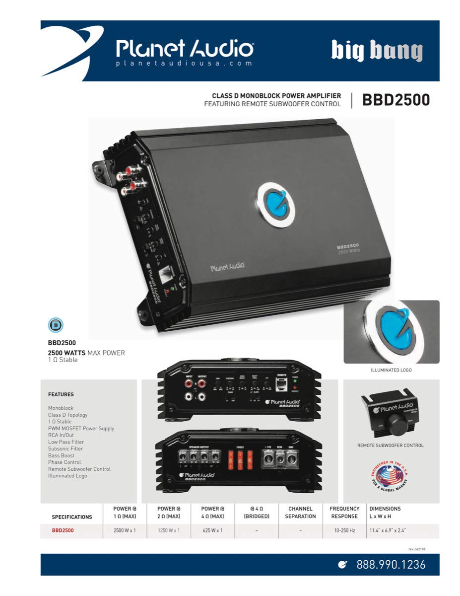 BBD2500 Planet Audio Class D Car Amplifier – 2500 Watts, 1 Ohm Stable, Digital, Monoblock, MOSFET Power Supply