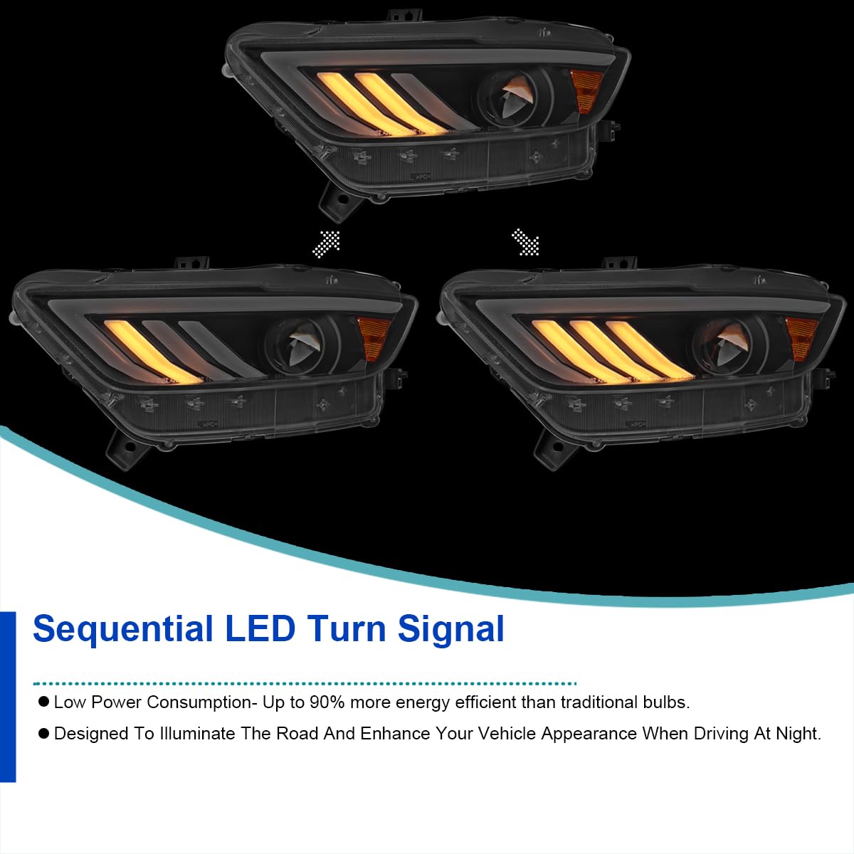 Black SPEC-D TUNING Projector Headlights w/Sequential LED Turn Signal Compatible with 2015-2017 Ford Mustang Coupes w/HID/Xenon, Left + Right Headlamp Assembly