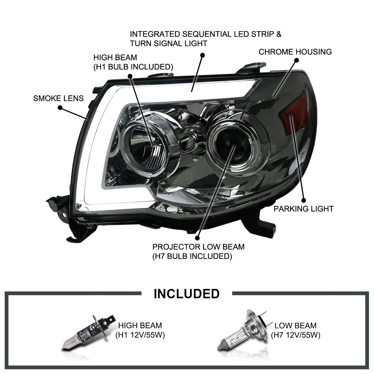 Spec-D Tuning Sequential LED Switchback Signal Smoke Projector Headlights Compatible with 2005-2011 Toyota Tacoma Left + Right Pair Headlamps Assembly