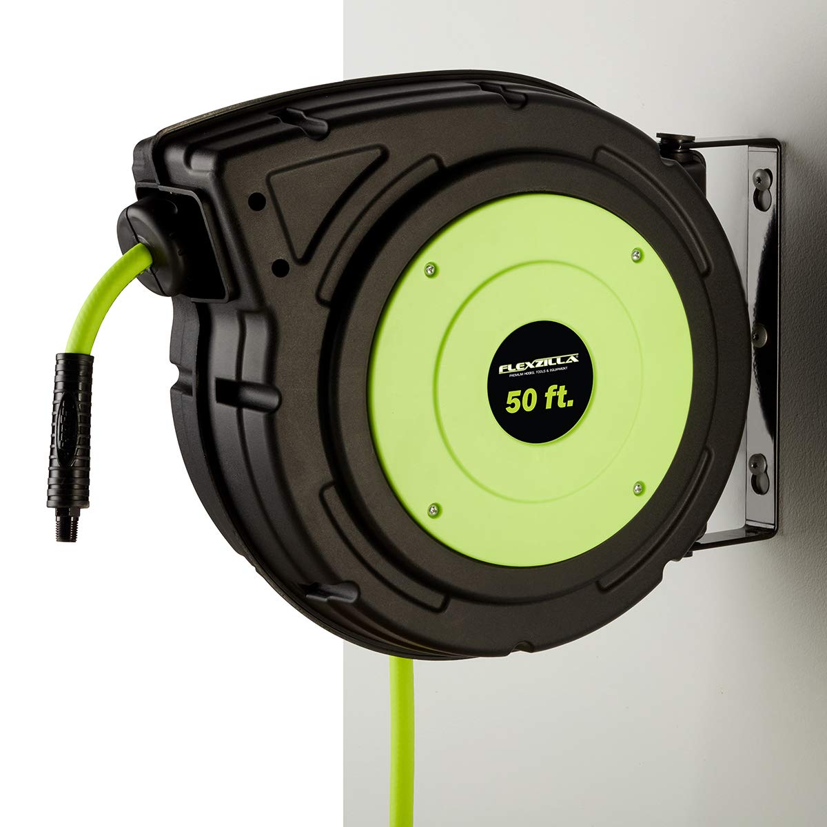 Flexzilla Enclosed Retractable Plastic Air Hose Reel, 3/8 in. x 50 ft., Heavy Duty, Lightweight, Hybrid, ZillaGreen - L8250FZ