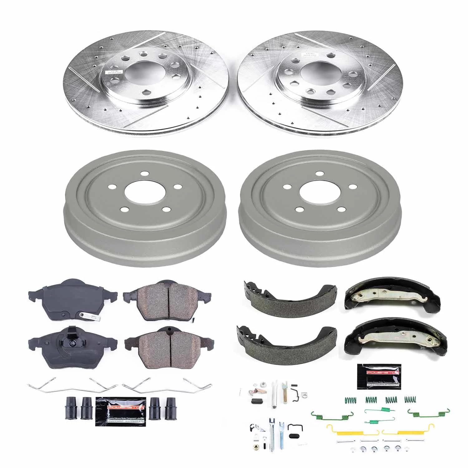 Power Stop K15198DK Z23 Carbon Fiber Brake Pads Front and Rear with Drilled & Slotted Brake Drums Kit For Saturn L100, Saturn L200, Saturn, Saturn, Saturn, Saturn, Saturn LW200 [Model Specific]