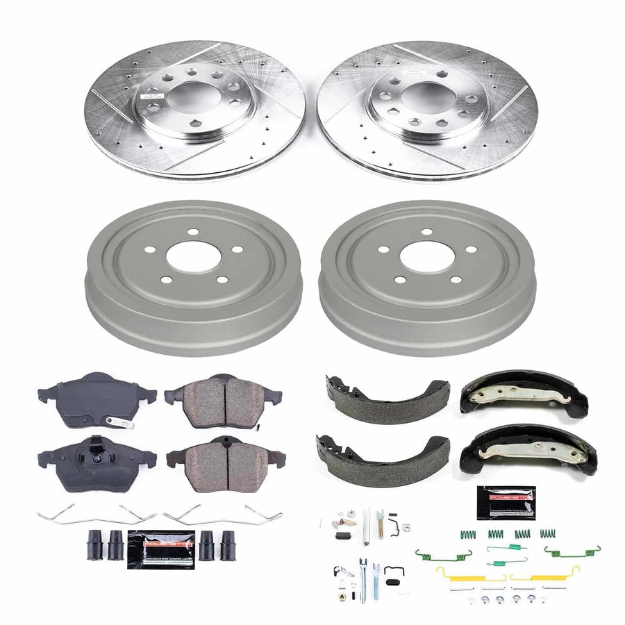 Power Stop K15198DK Z23 Carbon Fiber Brake Pads Front and Rear with Drilled & Slotted Brake Drums Kit For Saturn L100, Saturn L200, Saturn, Saturn, Saturn, Saturn, Saturn LW200 [Model Specific]