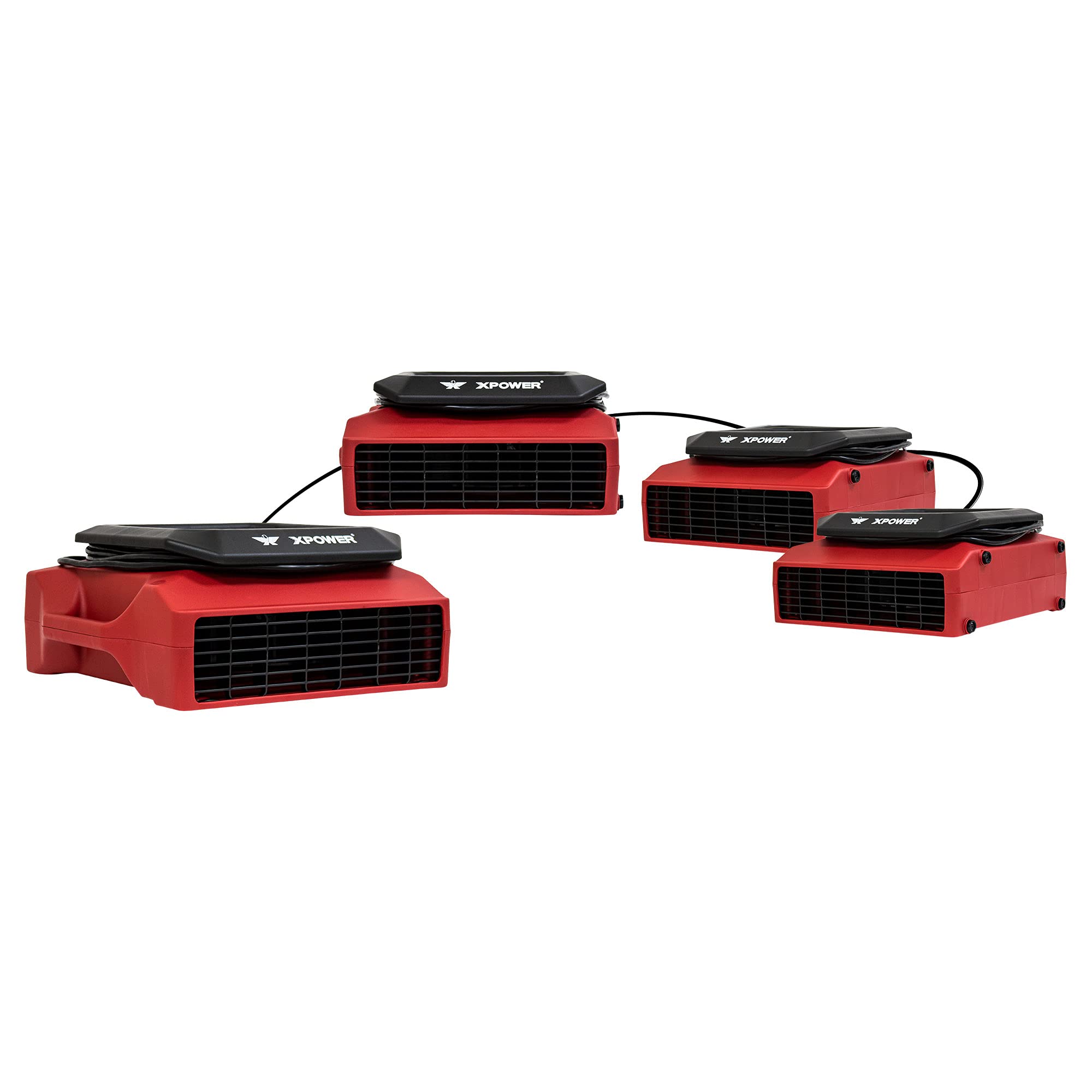Low Profile XPOWER PL-700A Air Mover, Floor Fan, Carpet Dryer, Blower with Power Outlets for Water Damage Restoration, Commercial Cleaning and Plumbing Use - 1/3 HP, 1050 CFM, 3 Speeds, Red