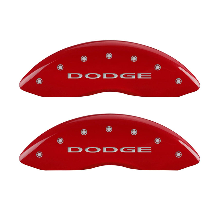 Caliper Covers MGP 12088SDD4RD (Red Powder Coat Finish, Engraved Front and Rear: With out stripes/Dodge, Silver Characters, Set of 4)