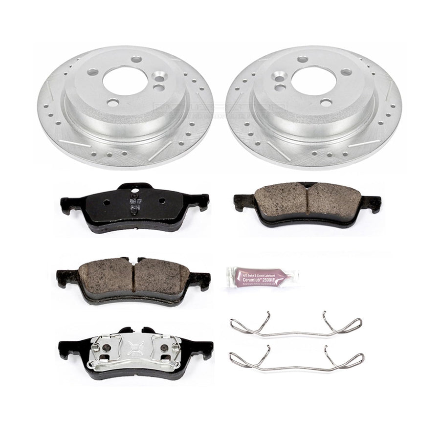 Power Stop K5726 Z23 Rear Carbon Fiber Brake Pads with Drilled & Slotted Brake Rotors Kit and 1 Rear Sensor Wire For Mini Cooper 2002-2006 [Model Specific]