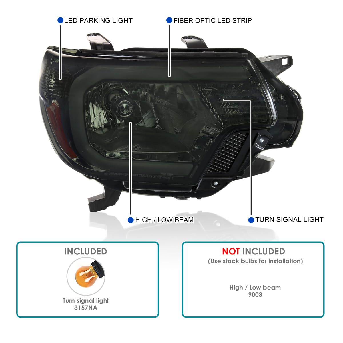 Smoke Headlights SPEC-D TUNING w/LED Strip Compatible with 2012-2015 Toyota Tacoma, Left + Right Pair Headlamp Assembly
