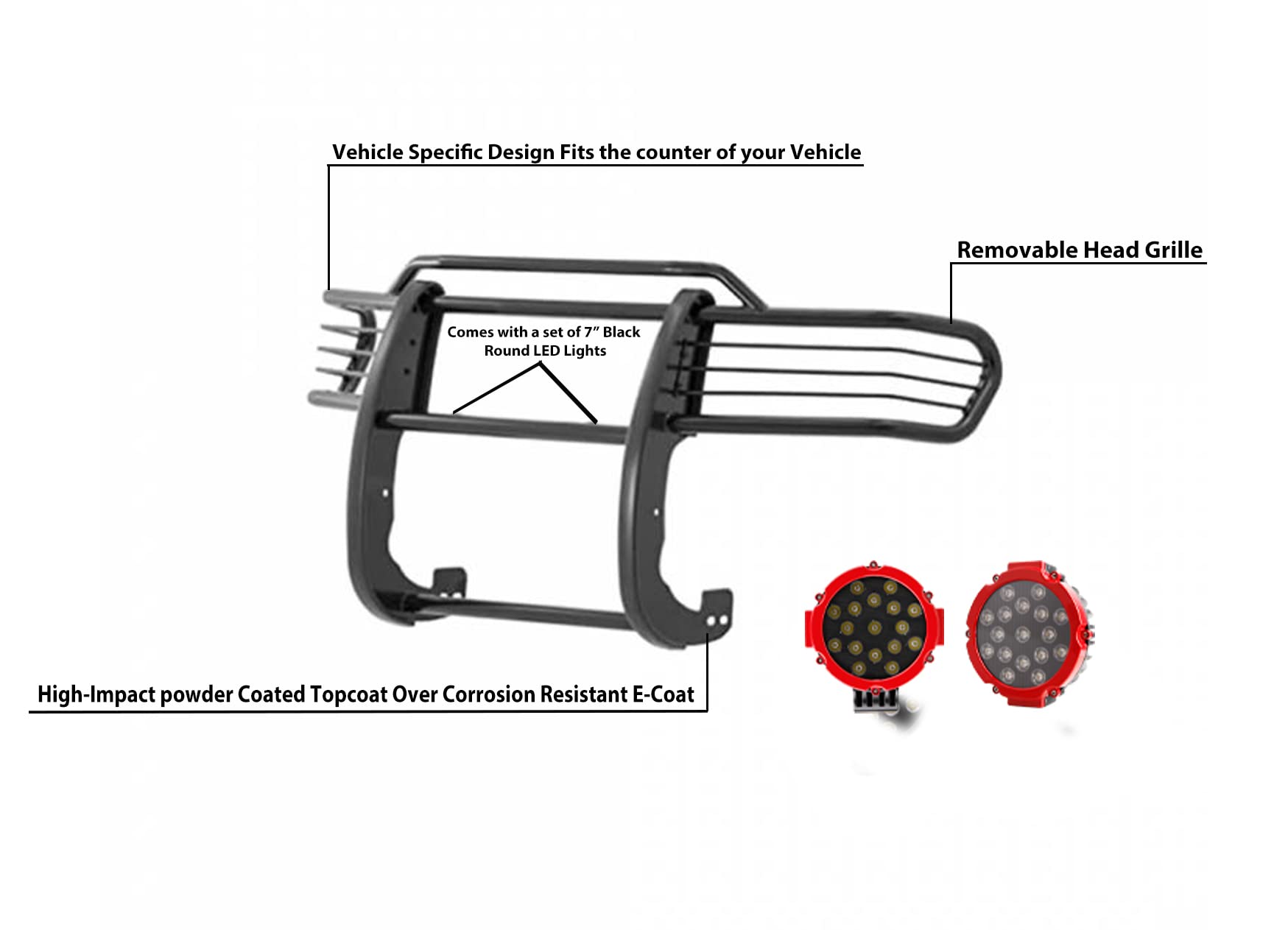 Grille Brush Black Horse Bumper Guard Modular Black Come with Pair of 7.0" Dia.LED Lights with Red Trim Rings Compatible with 2007-2014 Toyota FJ Cruiser-17A098600MA-PLR