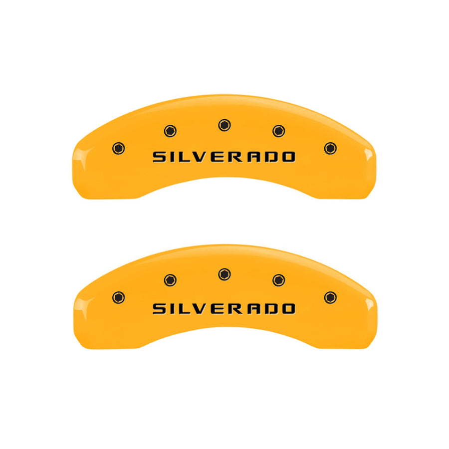 Caliper Covers MGP 14004SSILYL Yellow (Set of 4, Engraved Front and Rear: Silverado, Yellow powder coat finish, black characters)