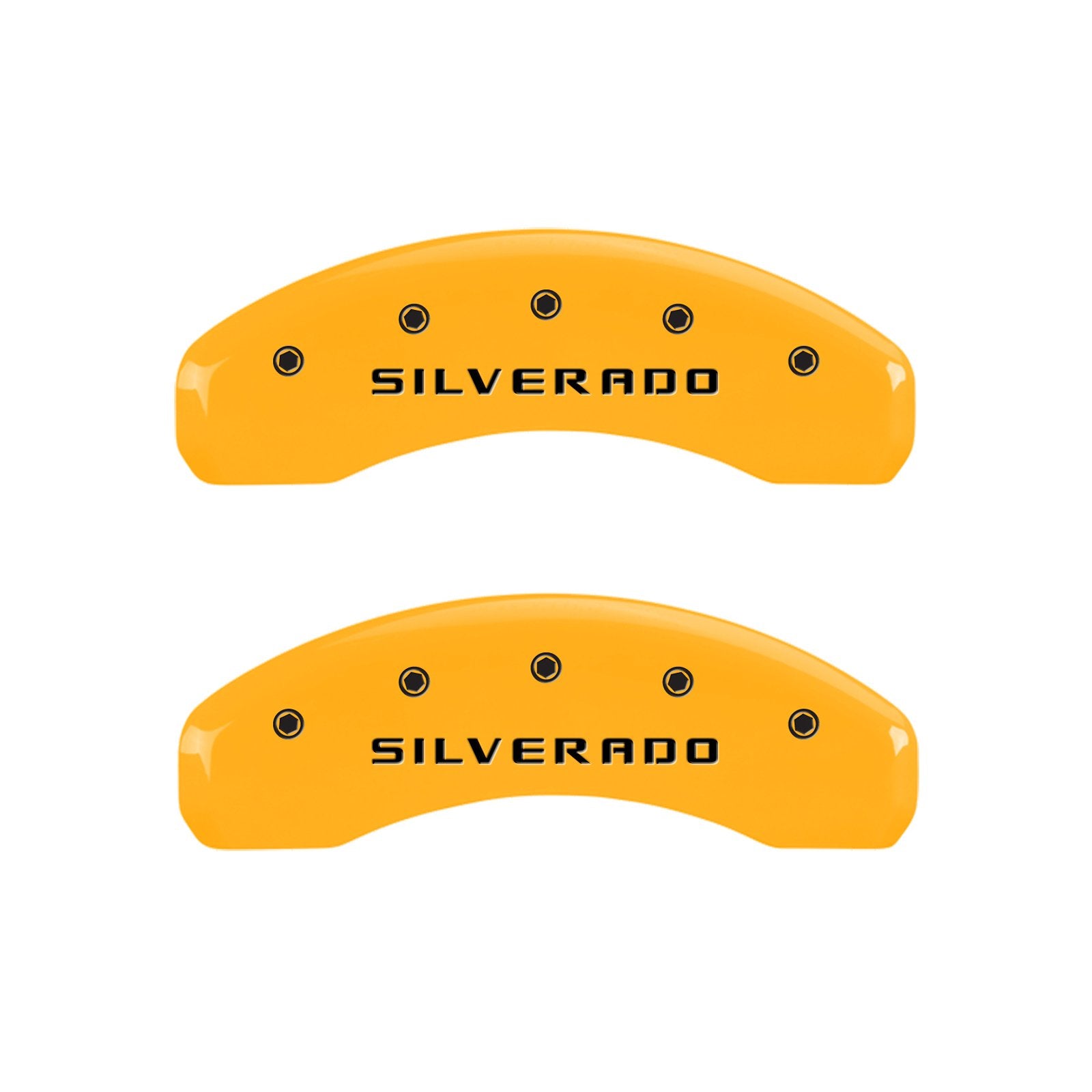Caliper Covers MGP 14005SSILYL, Set of 4 (Yellow Engraved Front and Rear: Silverado Powder Coat Finish Black Characters)