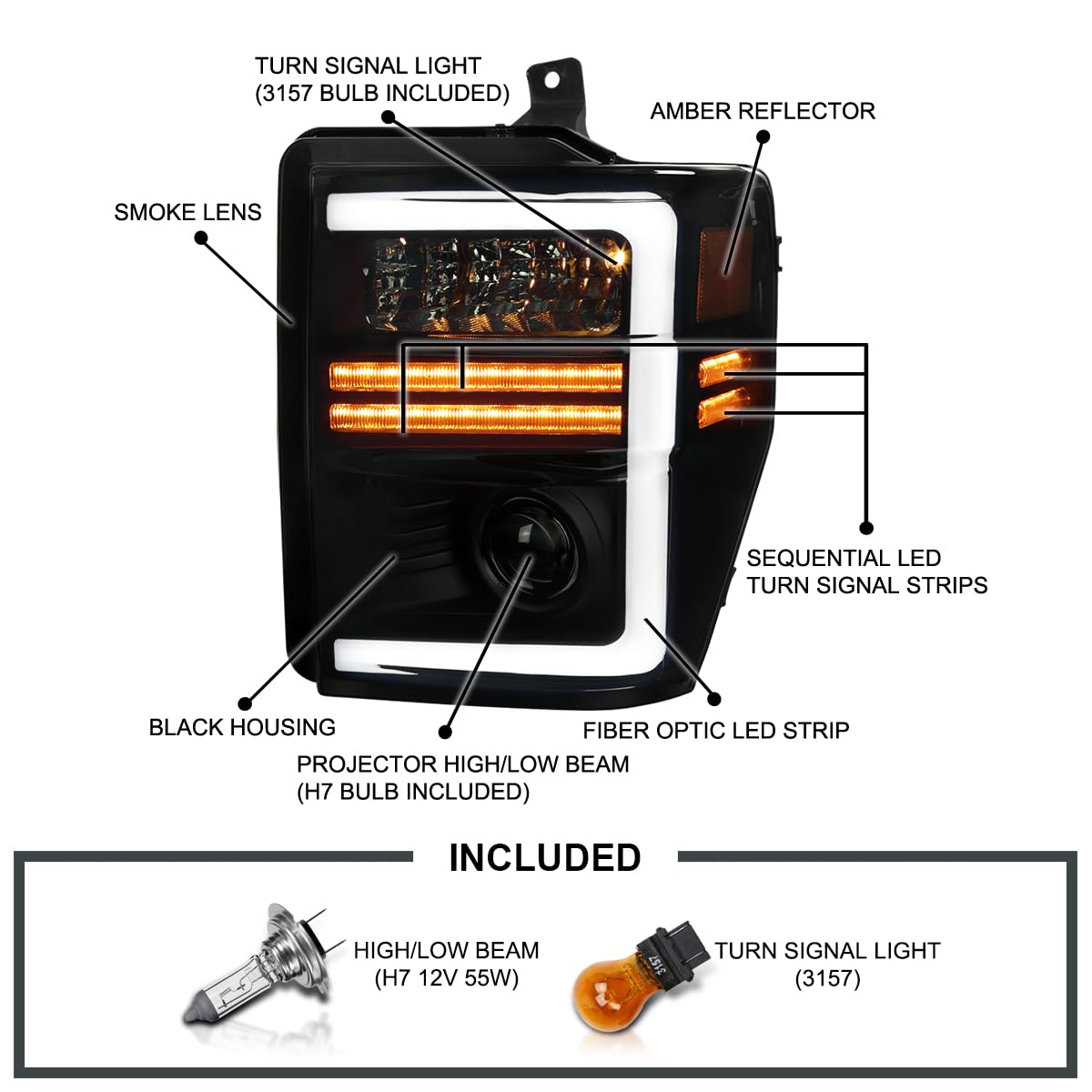Black Smoke SPEC-D TUNING Projector Headlights with Sequential LED Turn Signal Light Strips Compatible with 2008-2010 Ford F-250, F-350, F-450, F-550 Super Duty, Left + Right Pair Headlamps Assembly