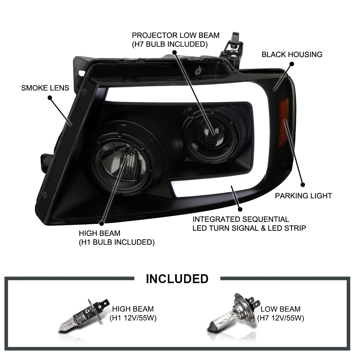 Black Smoke SPEC-D TUNING Projector Headlights w/Switchback Sequential Signal LED Tube Compatible with 2004-2008 Ford F150 2006-2008 Lincoln Mark LT, Left + Right Pair Headlamps Assembly