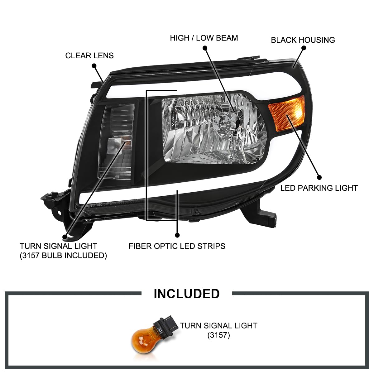 Black Headlights w/LED Tube SPEC-D TUNING Compatible with 2005-2011 Toyota Tacoma, Left + Right Pair Headlamps Assembly