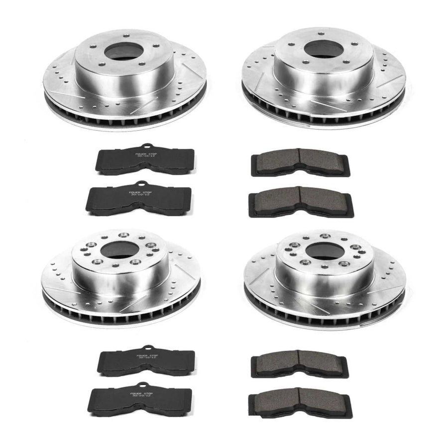 Power Stop K2597 Z23 Carbon Fiber Brake Pads Front and Rear with Drilled & Slotted Brake Rotors Kit For Chevrolet Corvette 1963-1982 [Model Specific]