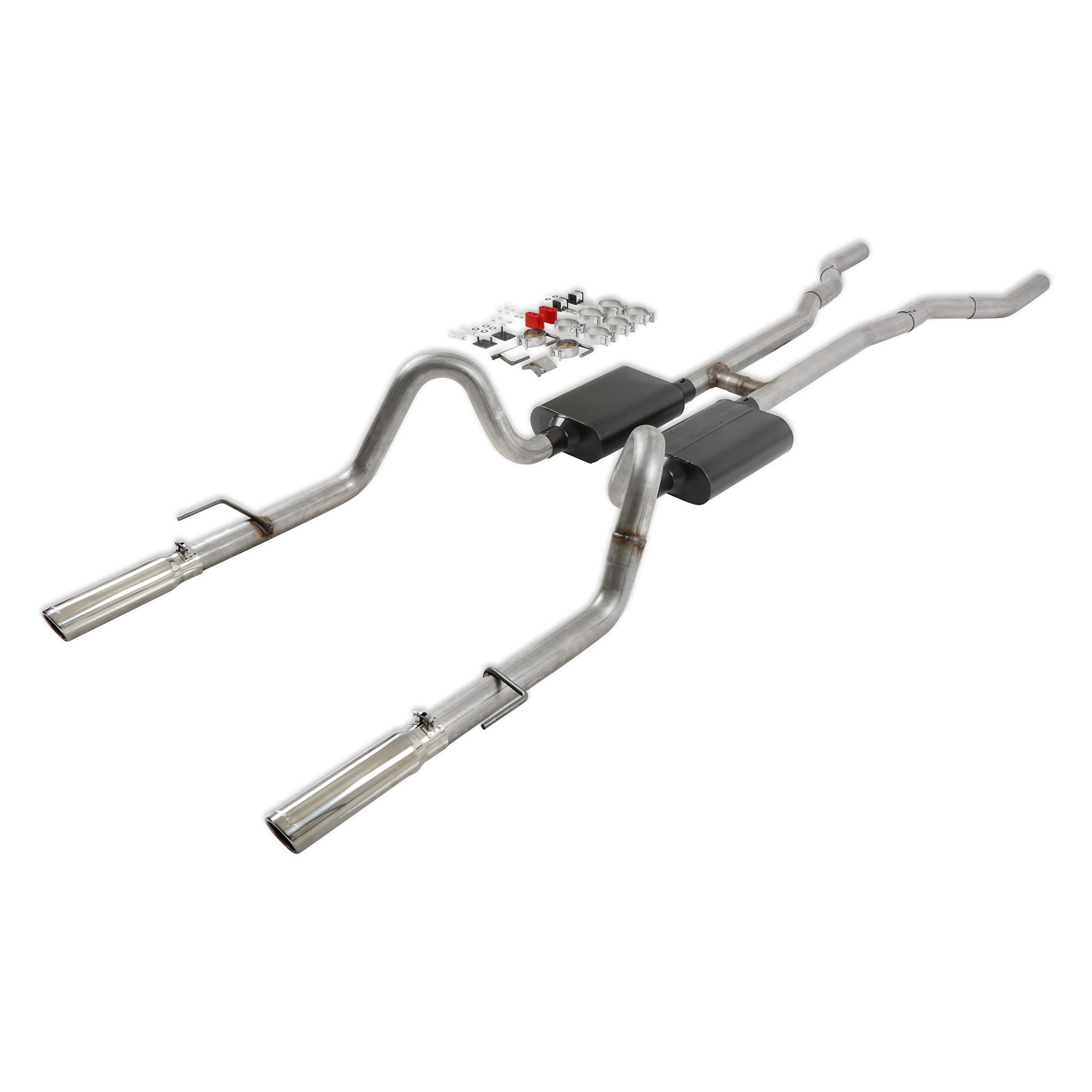 American Thunder Flowmaster 817281 Crossmember-Back Exhaust Kit 2.5 Inch Stainless Steel with 3 Inch Polished Stainless Steel Tips Compatible with 1967-1970 Ford Mustang with V8 engine and headers