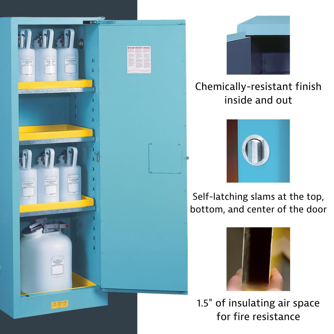Justrite Storage Cabinet Acid Corrosive - 17 Gallon 2 Door Manual Close Chemical Cabinet with ChemCor® Coating - 18" x 24" x 43" - Made in the USA - Light Blue - 8917022