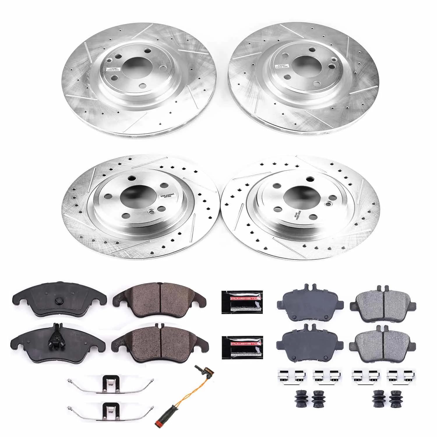 Power Stop K6891 Z23 Carbon Fiber Brake Pads Front and Rear with Drilled & Slotted Brake Rotors Kit and 1 Front Sensor Wire For Mercedes SLC300, Mercedes SLK250, Mercedes SL [Model Specific]